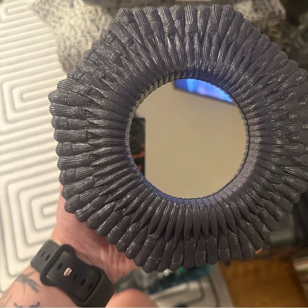 Vintage MCM Homco 7” White Octagon Faux Wicker Style Mirror Dark Purple Mini